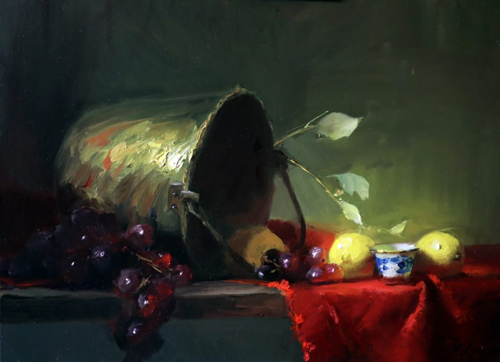 A photo of an original oil painting on panel of a still life painting of brass, red, and lemons.