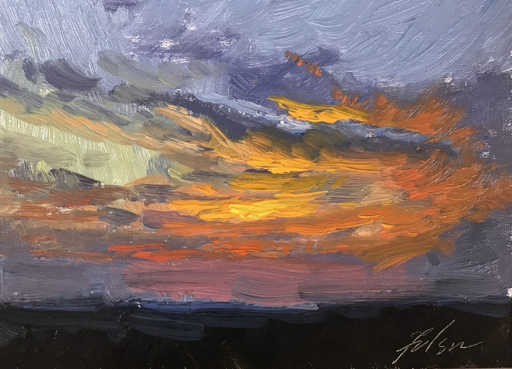 A photo of an original oil painting on panel of a landscape painting of a sunrise.