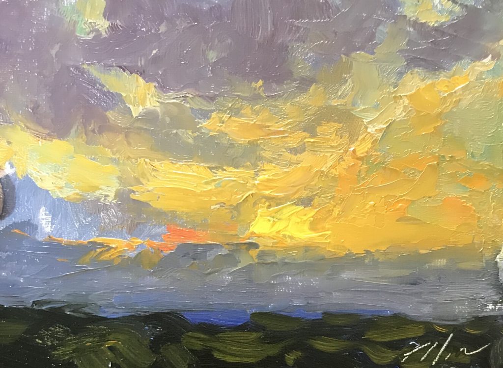 A photo of an original oil painting on panel of a landscape painting of a sunrise.
