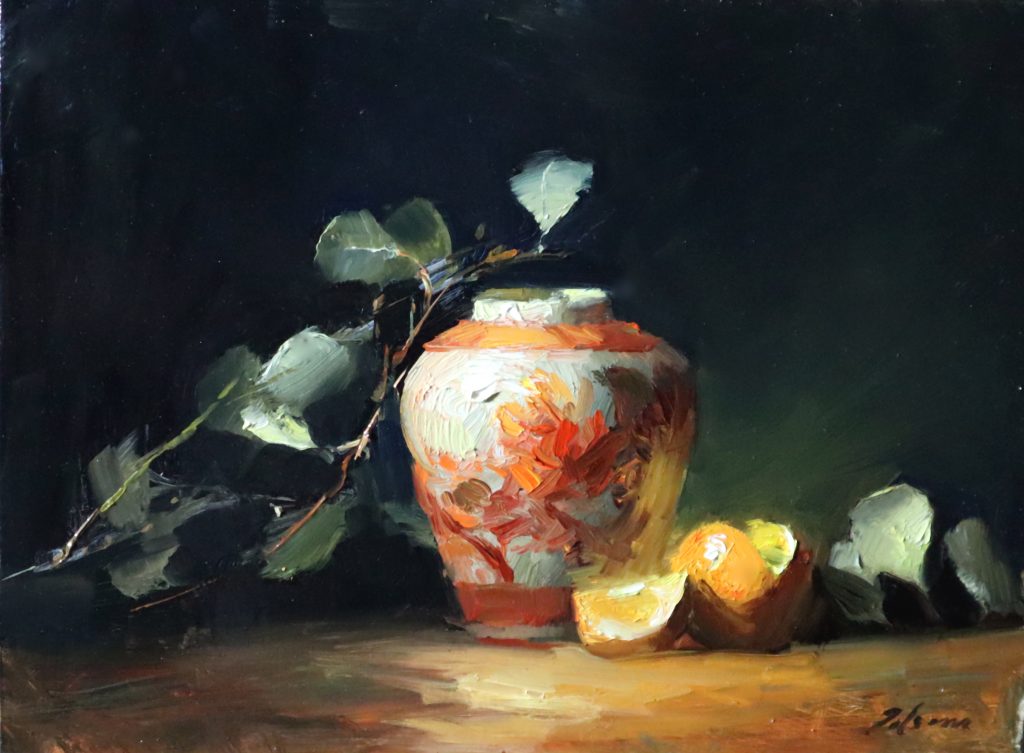 A photo of an original oil painting on panel of a still life painting of a peony ginger jar and oranges.