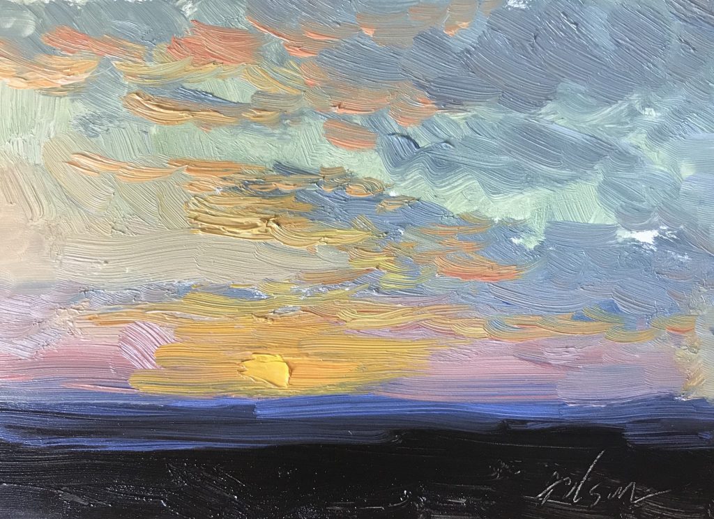 A photo of an original oil painting on panel of a still life painting of a sunrise.