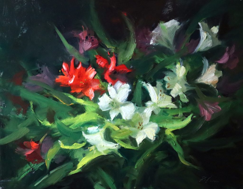 A photo of an original oil painting on panel of a still life painting of red and white flowers.